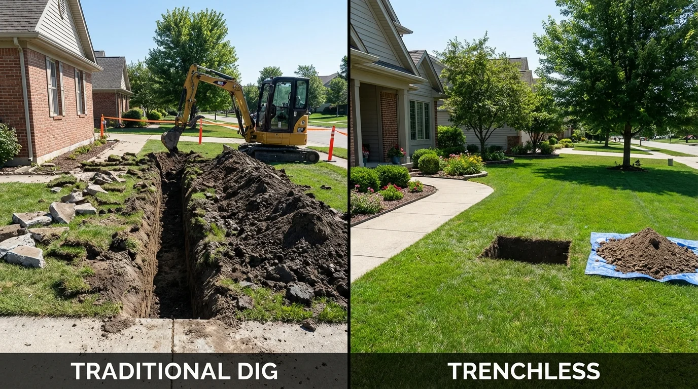 Trenchless sewer repair with minimal yard damage versus traditional excavation in Danville, IL